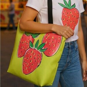 Strawberry Print Tote Bag - Green and Red